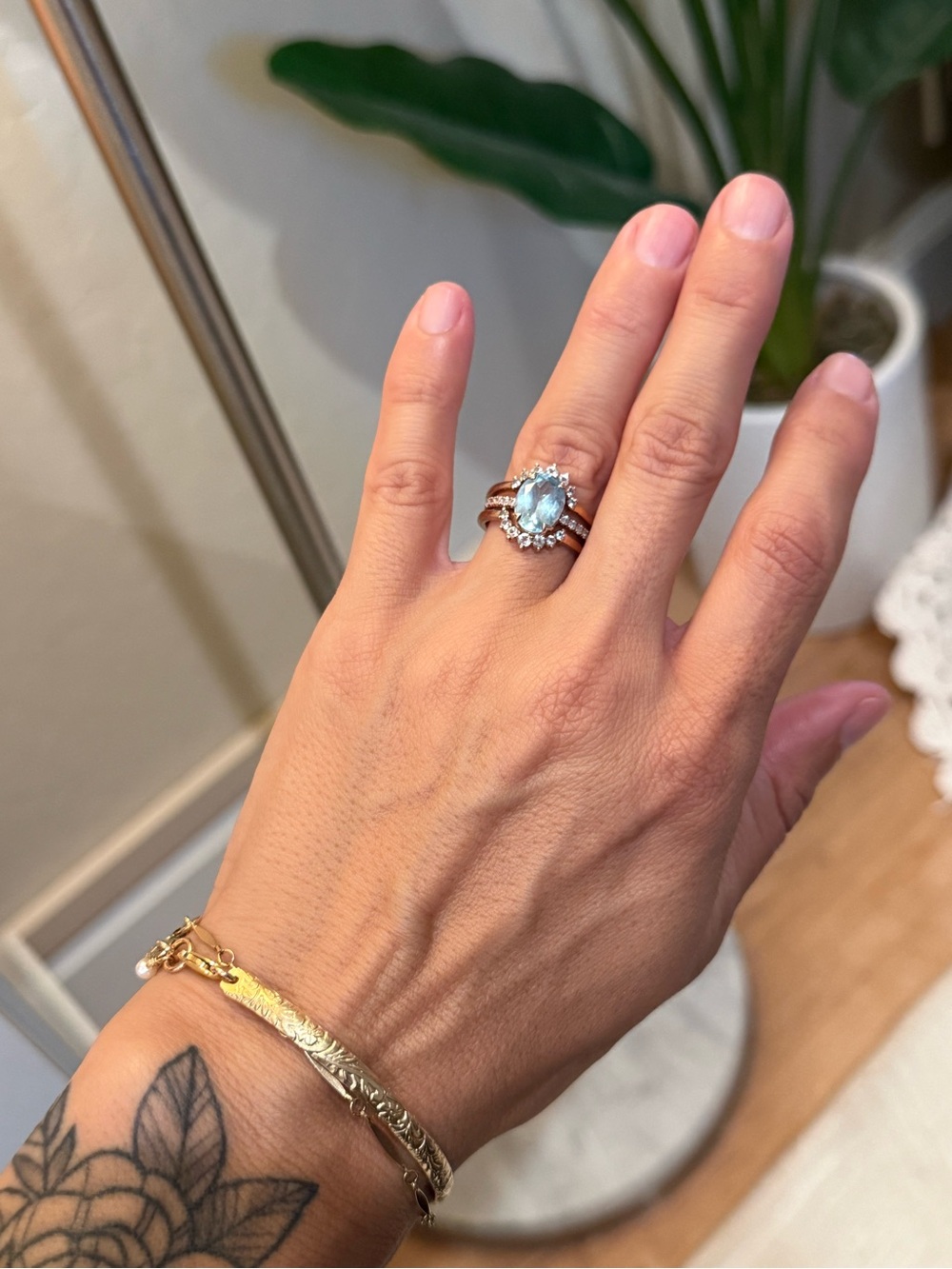 Blue Topaz Halo Ring in Rose Gold Vermeil with removable blooming jacket